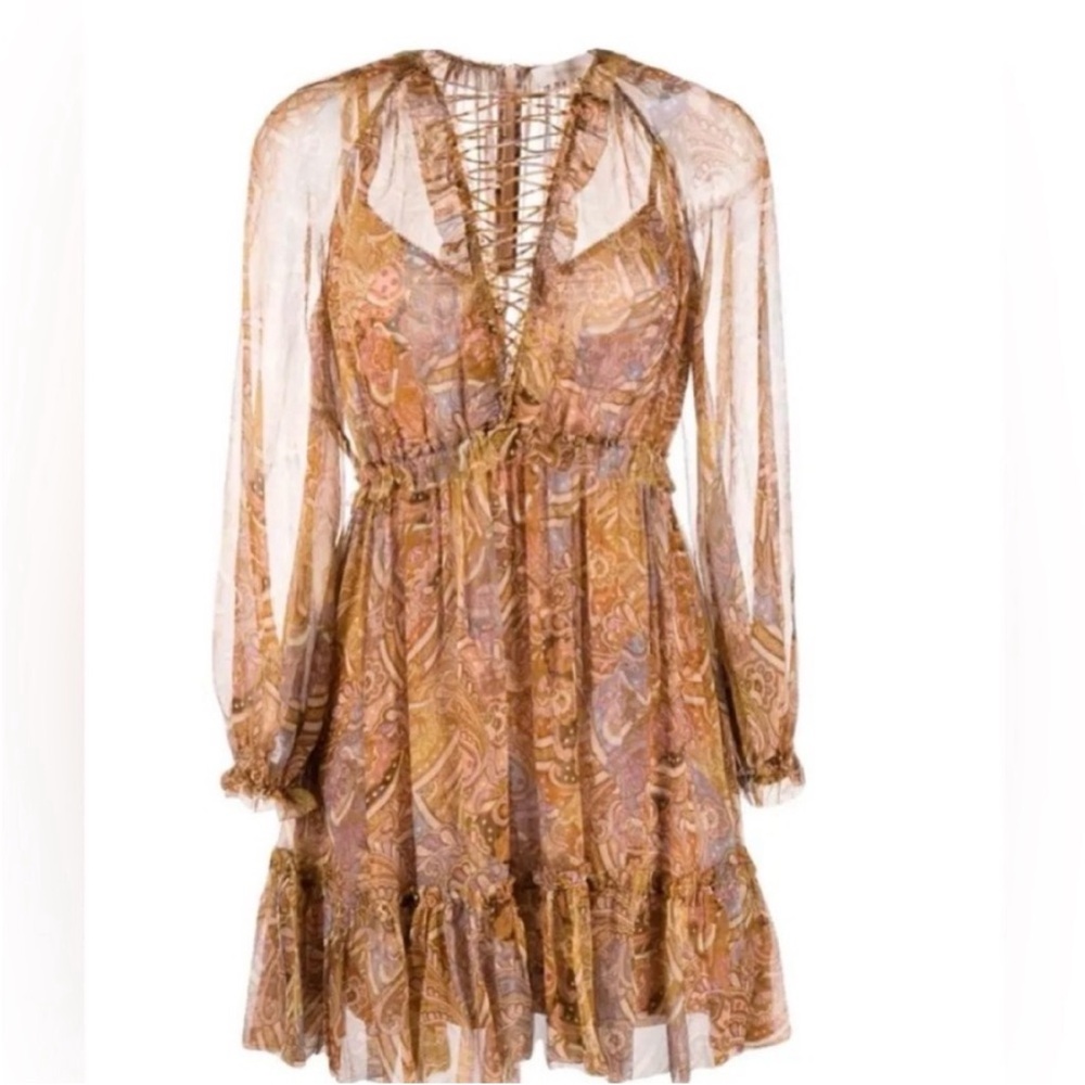 Zimmermann Concert Lace-Up Paisley Ruffle Trim Dress 0P Neutral Paisley